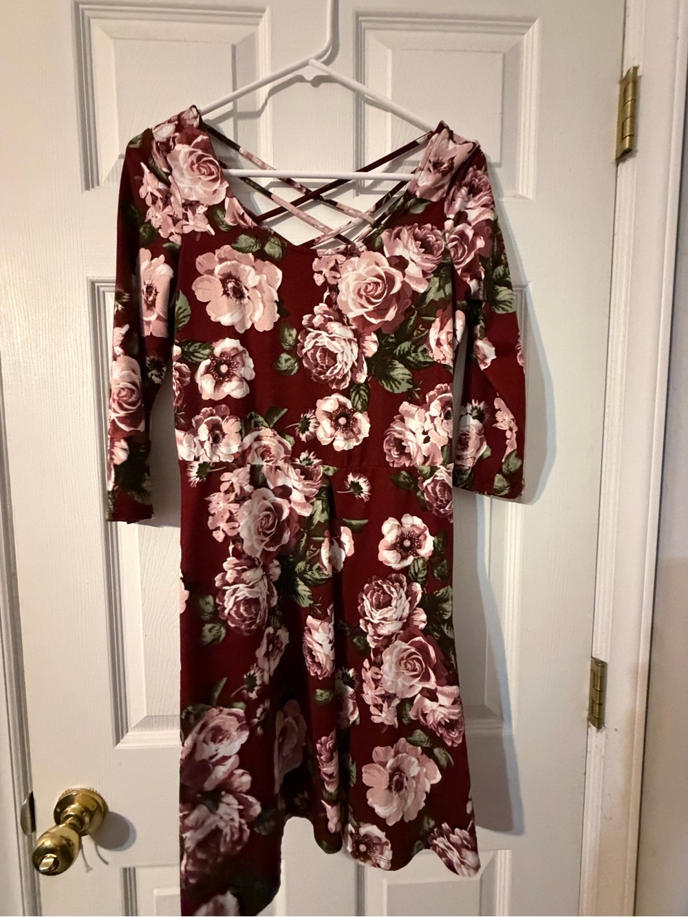 Women By & By Burgundy Floral Knit Strappy Back Fit & Flare Mini Dress Sz Large
